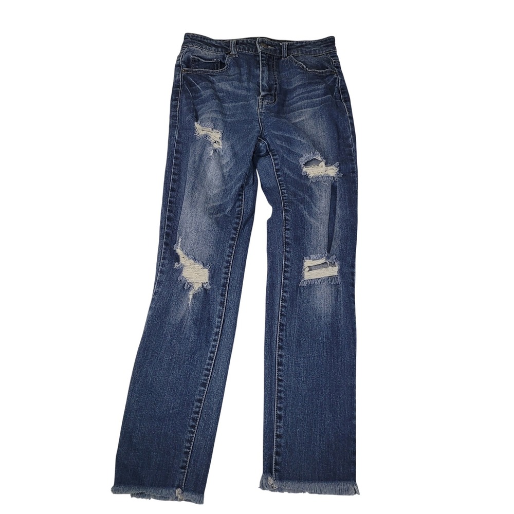 April Jeans Juniors Size 5 Blue Distressed Raw Hem Straight Leg Denim Pants‎